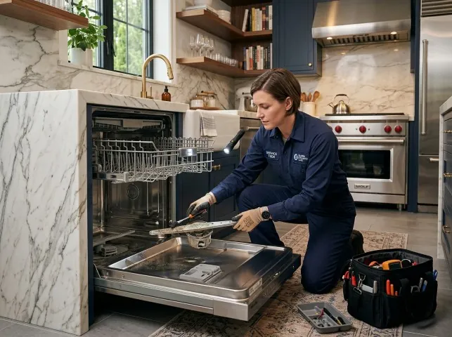 Appliance Repair Hero technician servicing a built-in dishwasher in a Bellport, NY kitchen