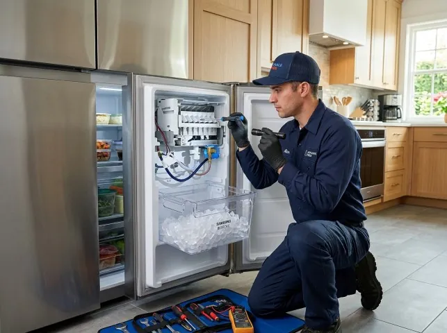 Appliance Repair Hero technician repairing a refrigerator ice maker in Bellport, NY