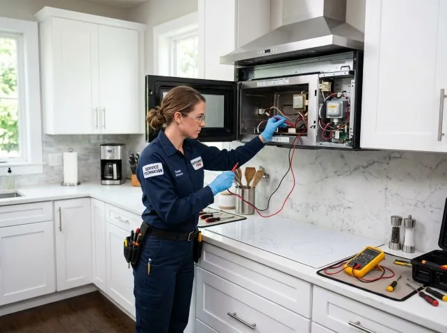 Appliance Repair Hero technician testing an over-the-range microwave in a Bellport, NY kitchen