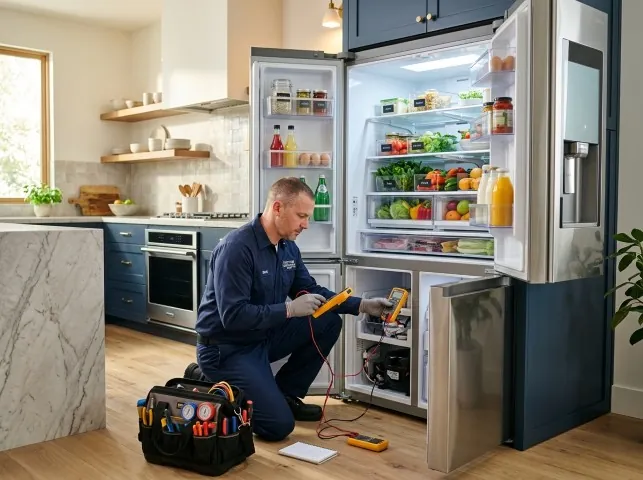 Appliance Repair Hero refrigerator technician testing a fridge on a Bellport, NY service call