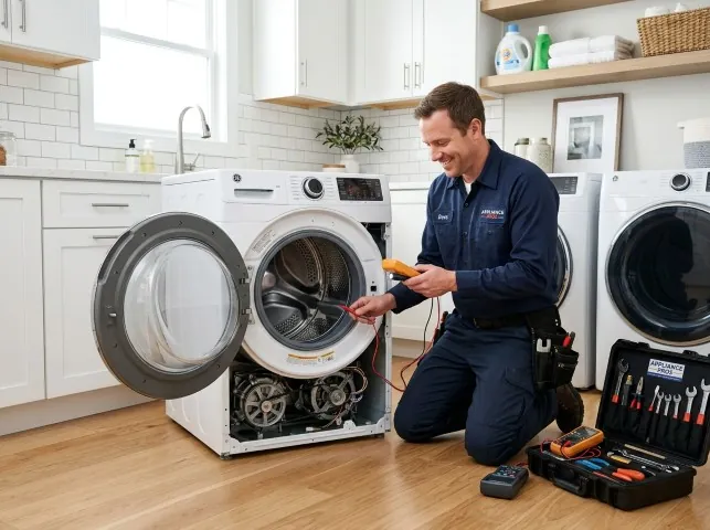 Appliance Repair Hero technician testing a front-load washer with a multimeter on a Bellport, NY service call